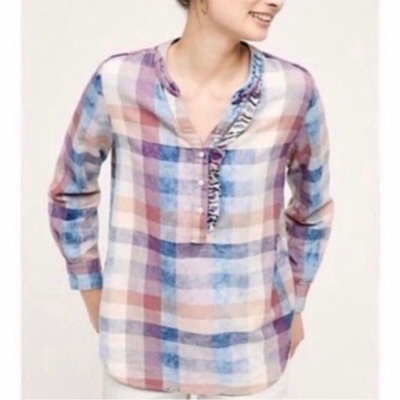 Anthropologie Isabella Sinclair Bleach Plaid Pullover Top Size Medium - Picture 1 of 8